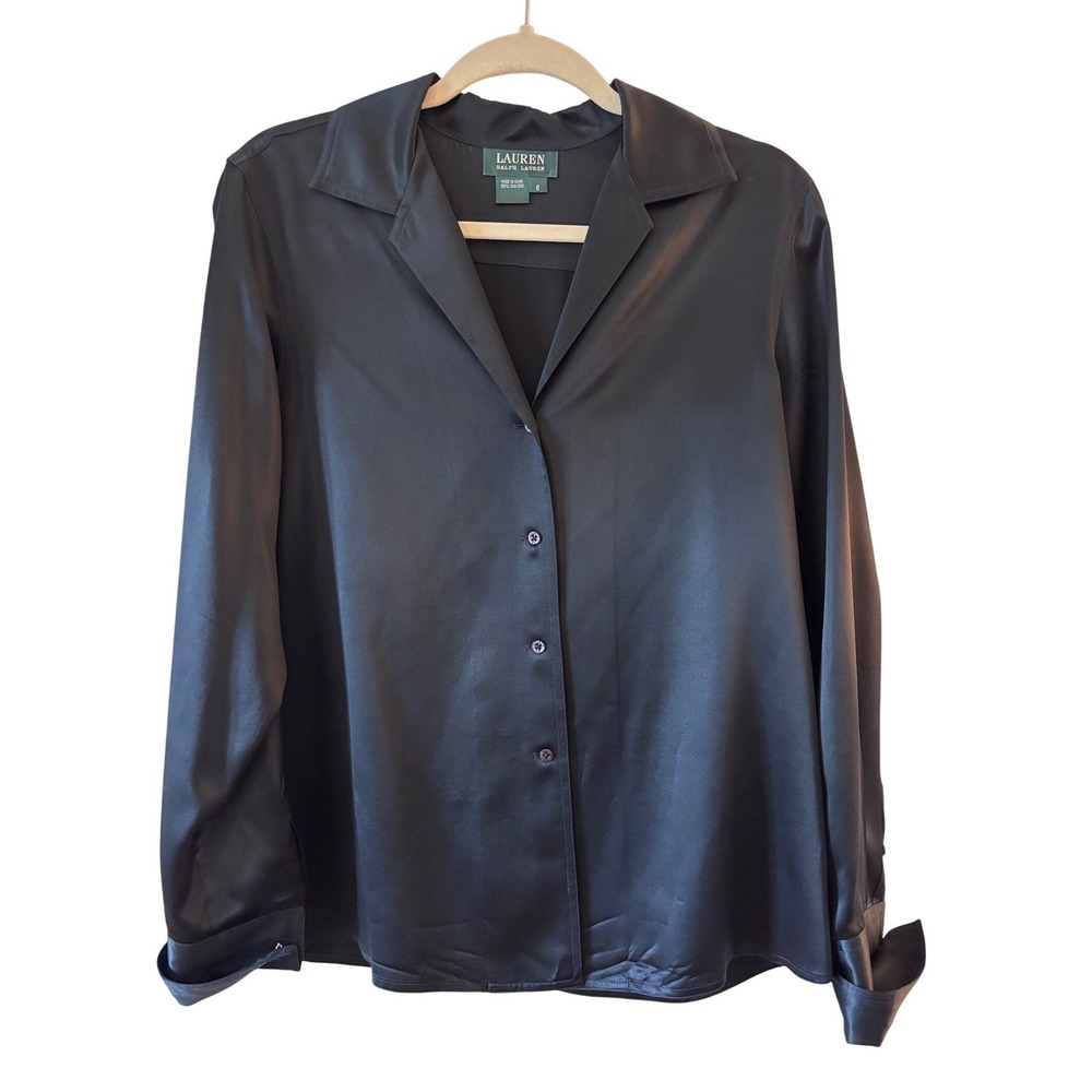 Lauren Ralph Lauren Black 100% Silk Satin Button Down Blouse Shirt Womens 6